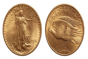 US Twenty 20 Dollars Gold Coin isolated of whtie background, conservation very fine